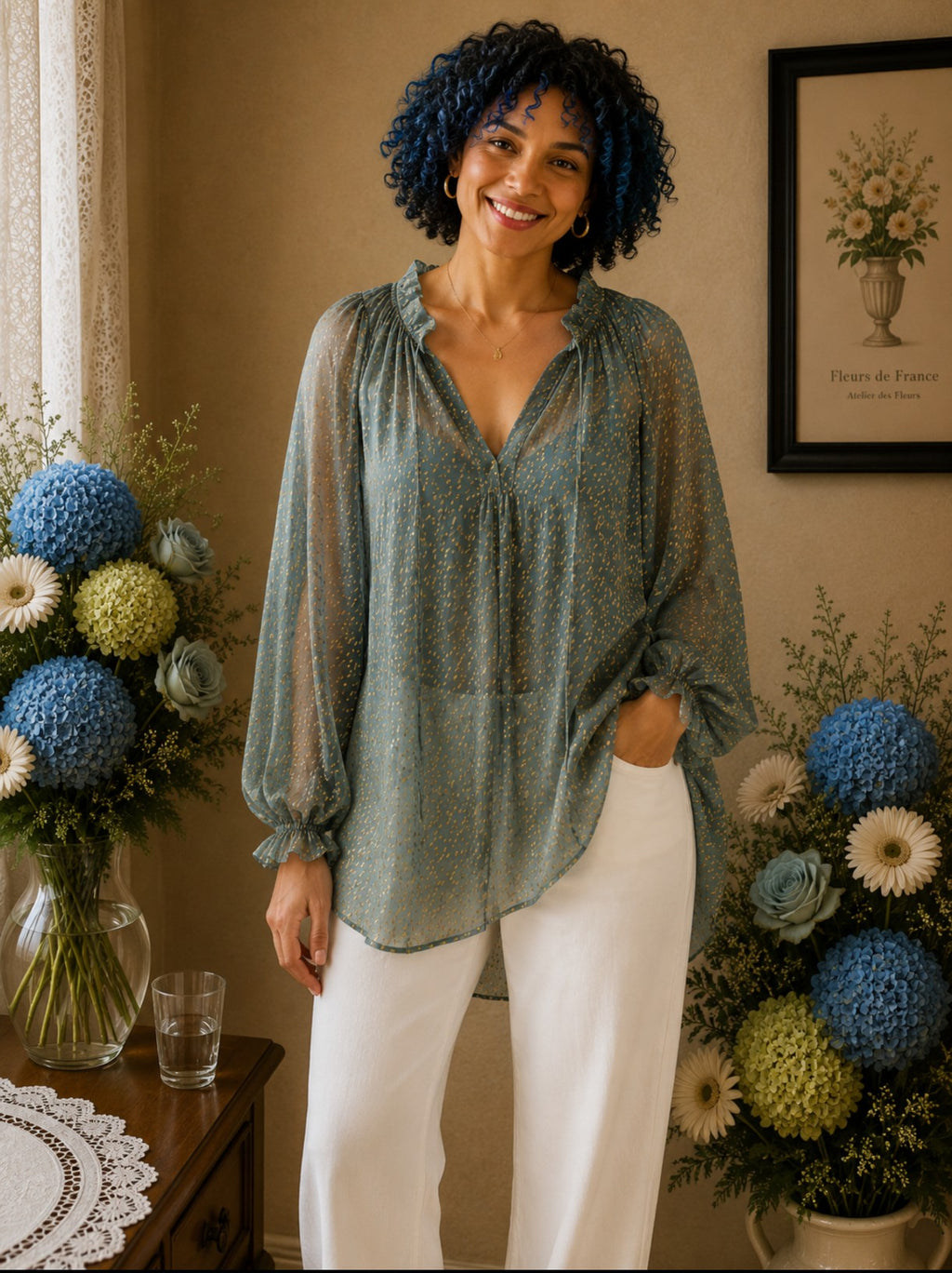 Blouse H&M Vert Eucalyptus, Imprimé Doré & Effet Transparence t38