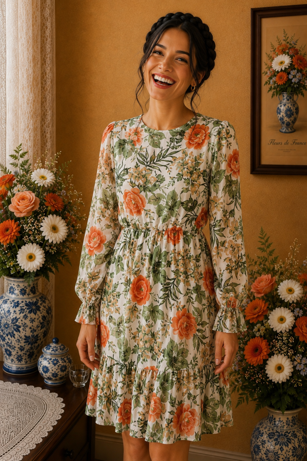 Robe Shein blanche fleurie orange vert beige taille 44