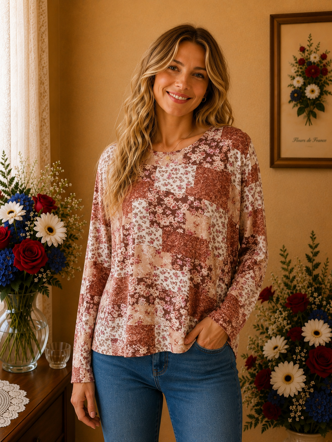 Haut Afibel crème marron rose fleuri taille 50