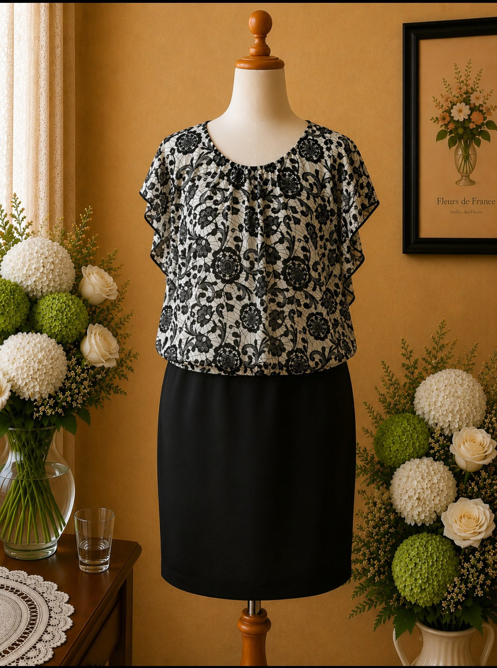 Robe Bi-matière Haut Floral Graphique & Jupe Noire taille 40