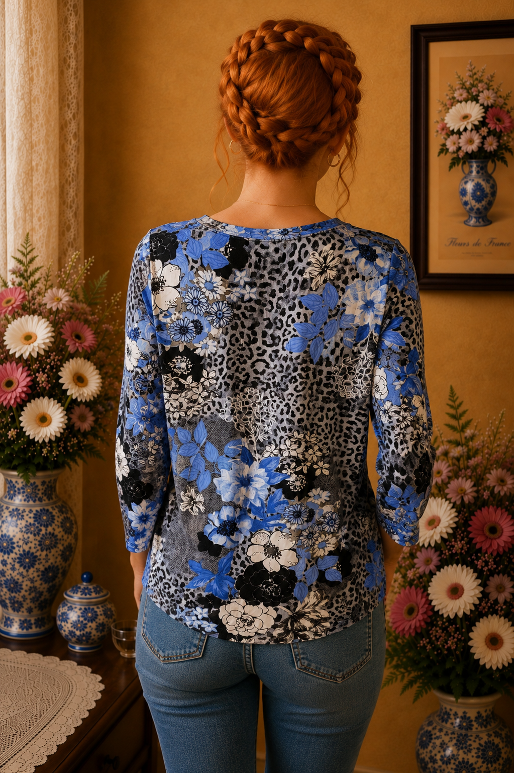 Haut femme Canda C&A floral bleu noir gris blanc taille 38/40