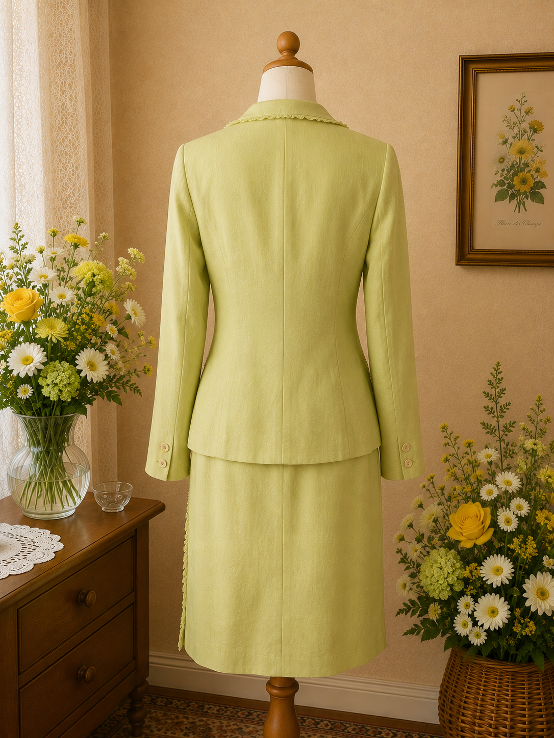 Ensemble veste & jupe en lin vert – élégance française