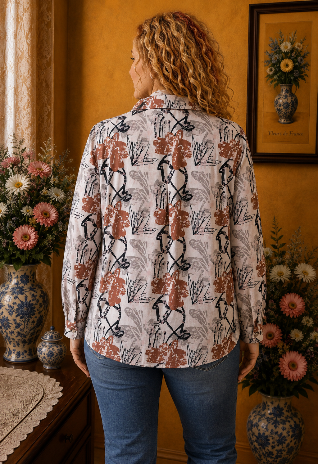 Chemisier blanc imprimé graphique florale noir marron taille 48