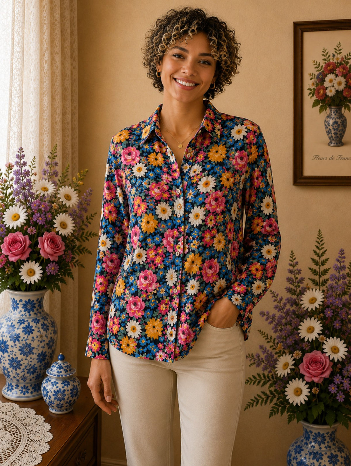 Chemise fleurie fond sombre – imprimé floral vintage