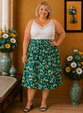 Jupe longue fleurie verte  Haut jupe plissée coupe fluide taille 48/50