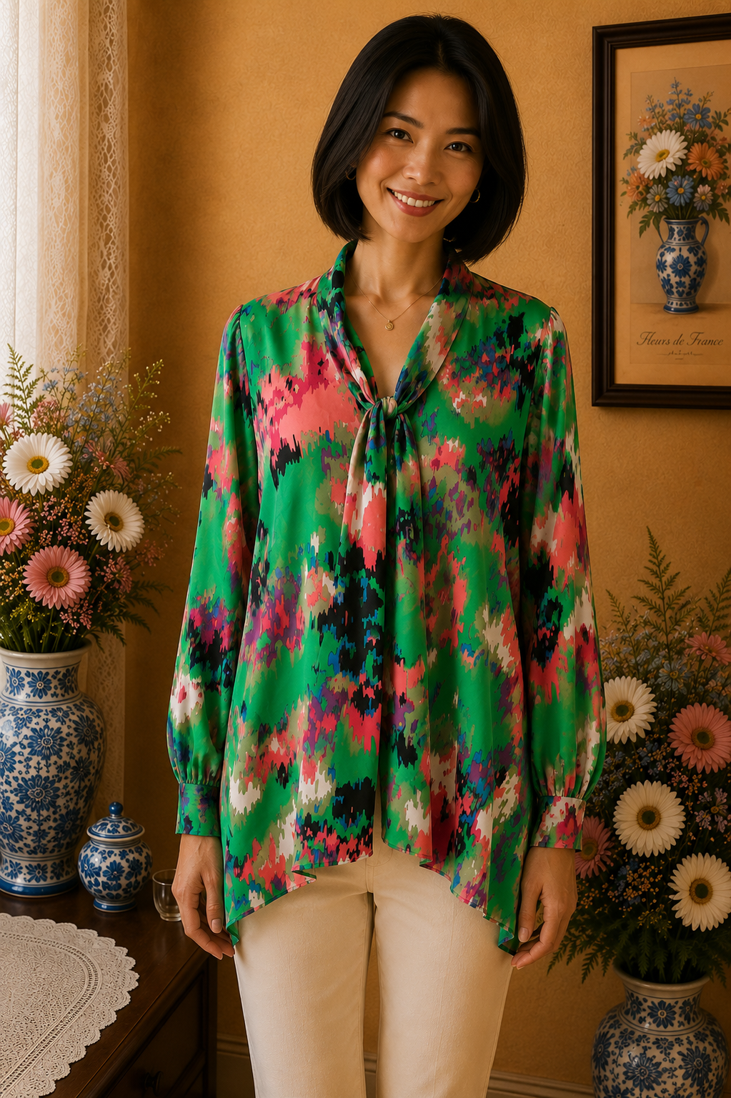 Blouse femme verte fluide imprimé floral multicolore taille 44