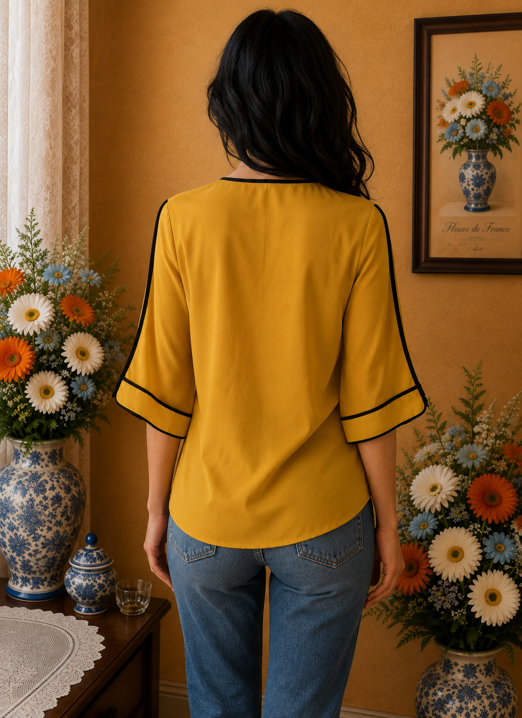 Blouse femme Dika jaune moutarde noir taille 36 manches 3/4💞