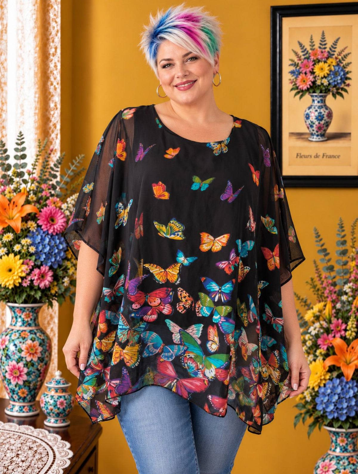 Blouse noire Sweet Lady  imprimés papillons multicolores taille S/M