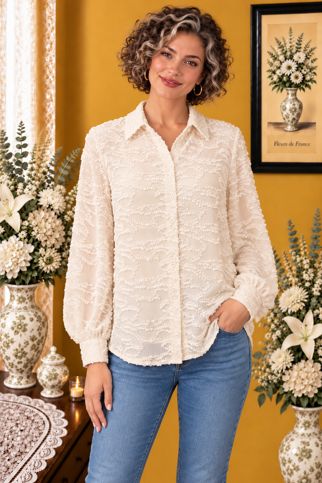 Chemise femme Esmara blanc multicolore lin coton neuve taille 40