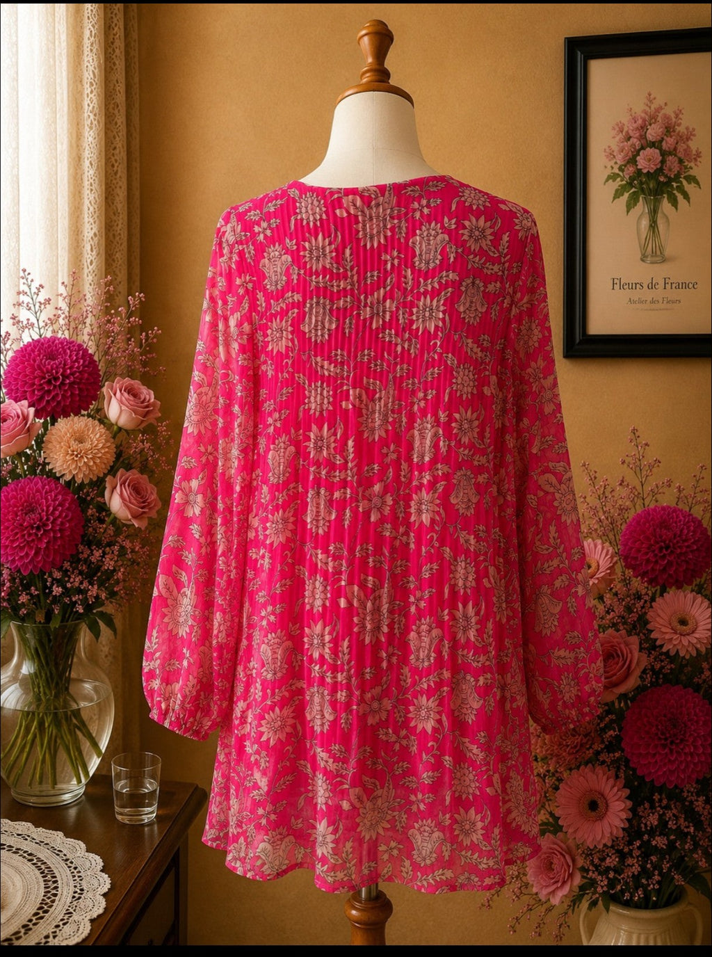 Robe Glassy Paris rose fushia & beige floral plissé & fil doré t40
