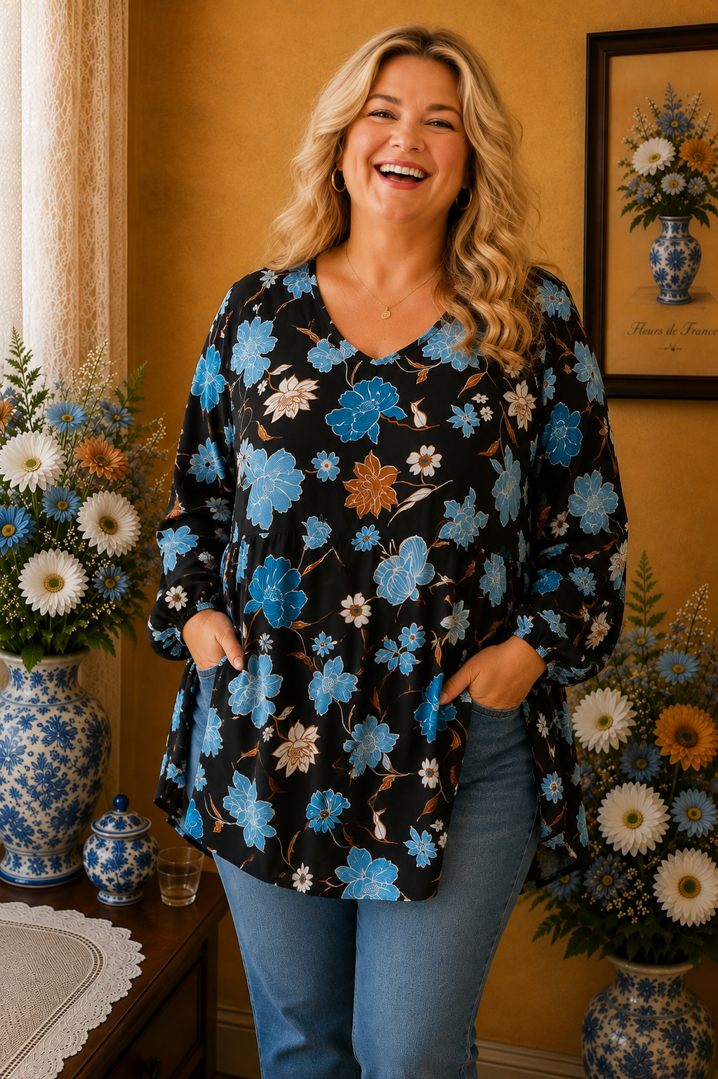 Blouse Janina fleurie noire bleu camel grande taille 52 💕