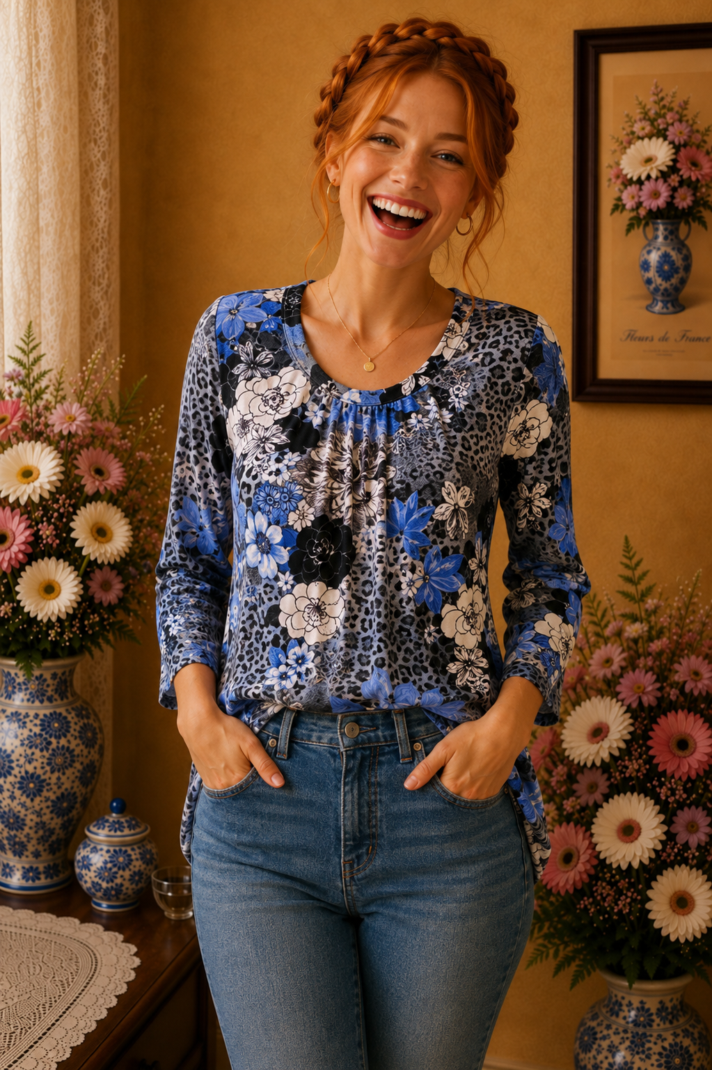 Haut femme Canda C&A floral bleu noir gris blanc taille 38/40