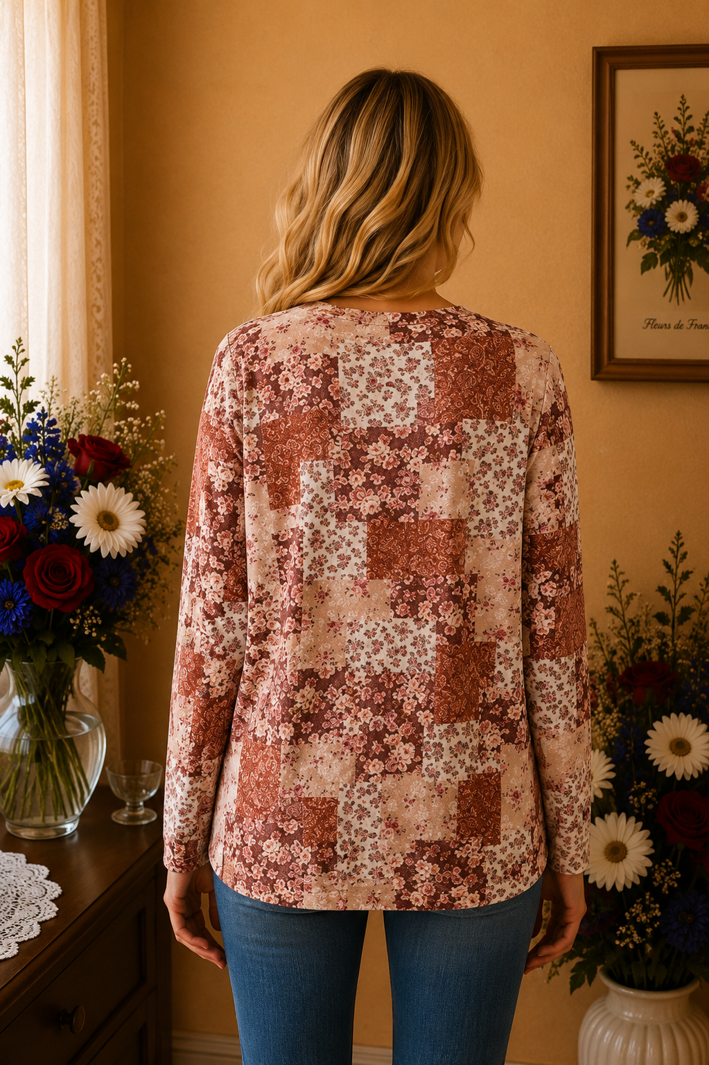 Haut Afibel crème marron rose fleuri taille 50