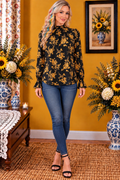 Blouse Shein noir motif marron manches volantees taille 38