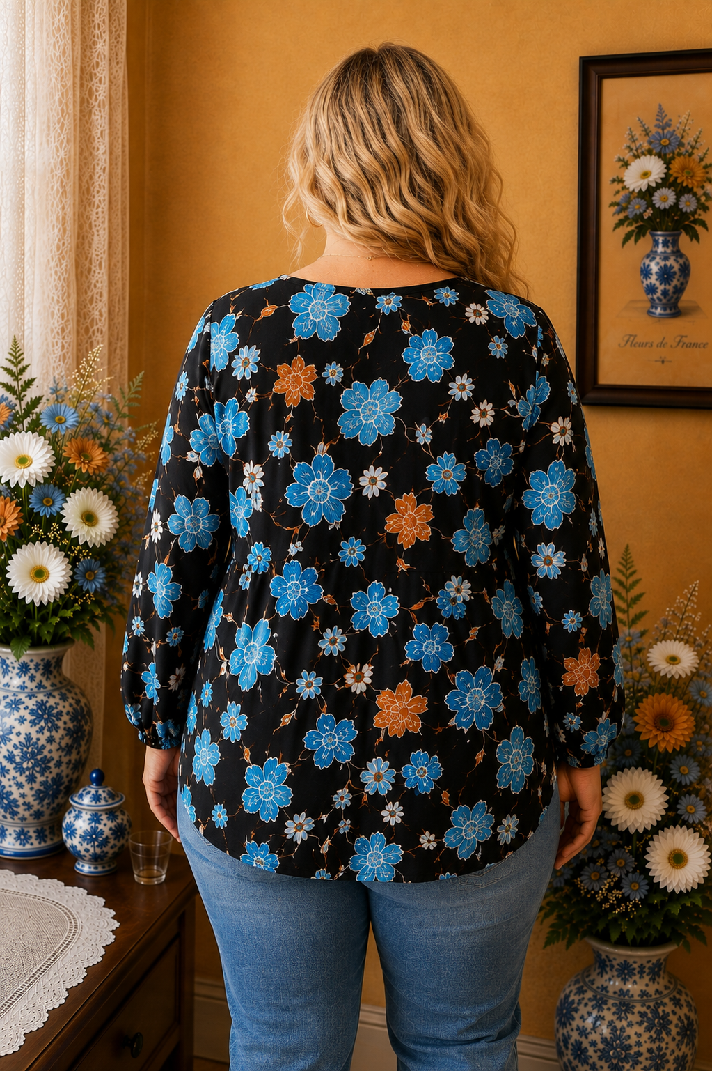 Blouse Janina fleurie noire bleu camel grande taille 52 💕