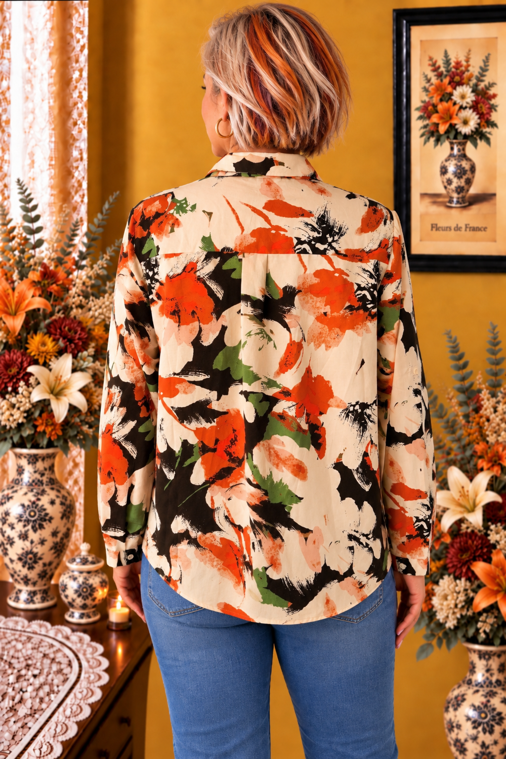 Chemise Maëlle imprimé floral abstrait  orange marron taille 38