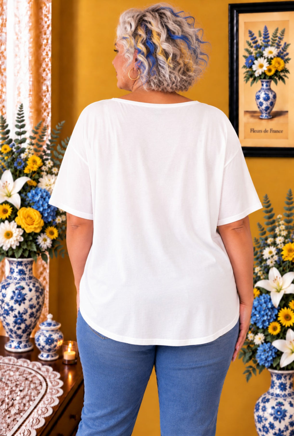 T-shirt grande taille blanc imprimé citron bleu  texte noir taille 52/54