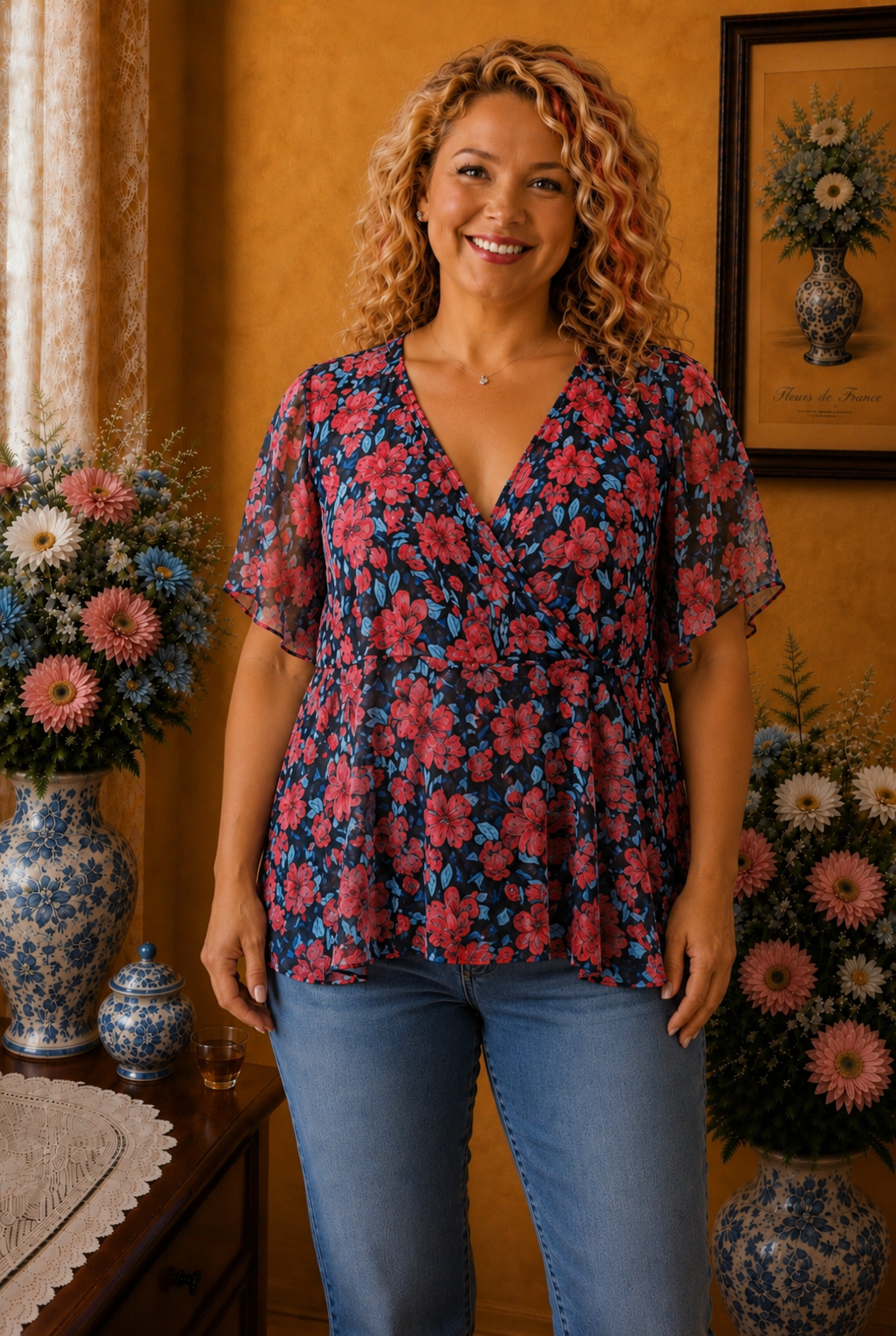 Blouse femme Shein Curve imprimé floral noir rouge bleu taille 50