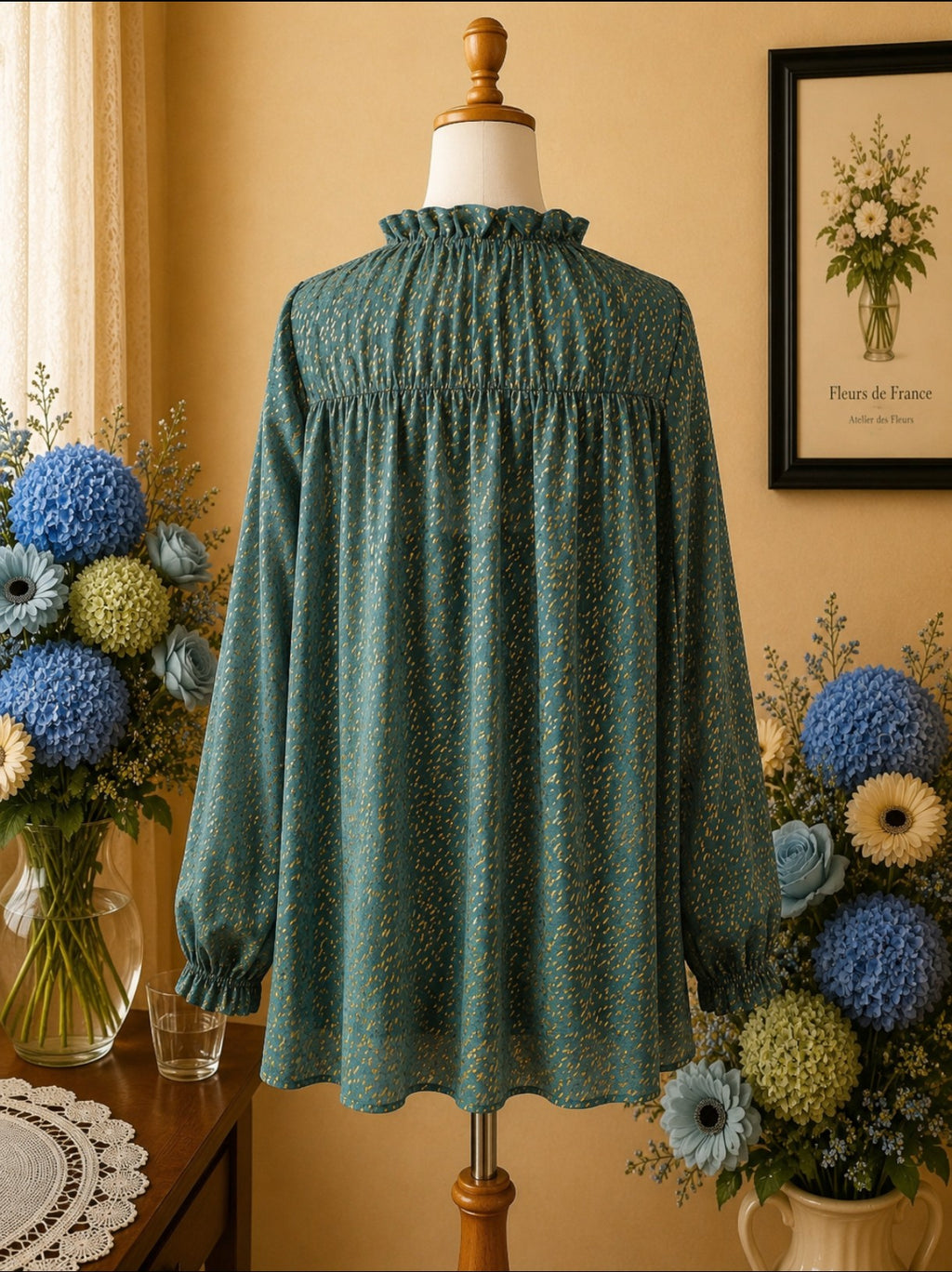 Blouse H&M Vert Eucalyptus, Imprimé Doré & Effet Transparence t38