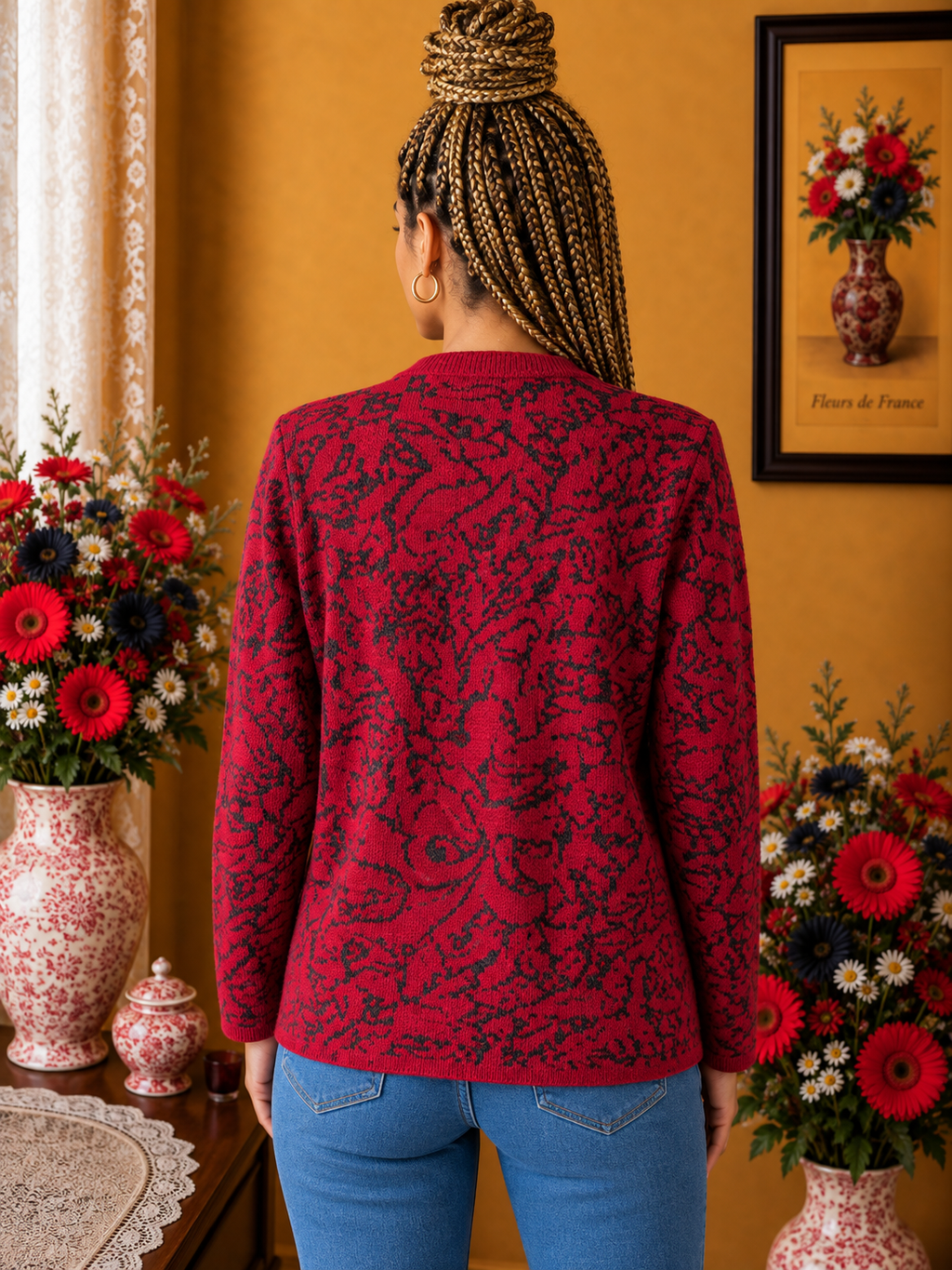 Gilet femme Tricots Duger rouge imprimé gris taille 38