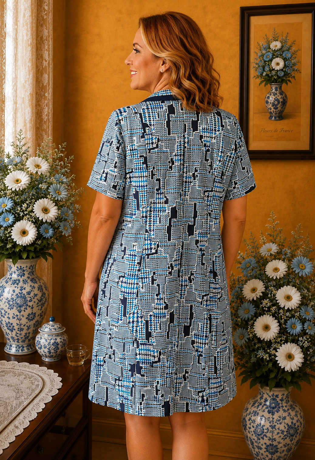 Robe d'été vintage imprimé graphique bleu noir blanc taille 48