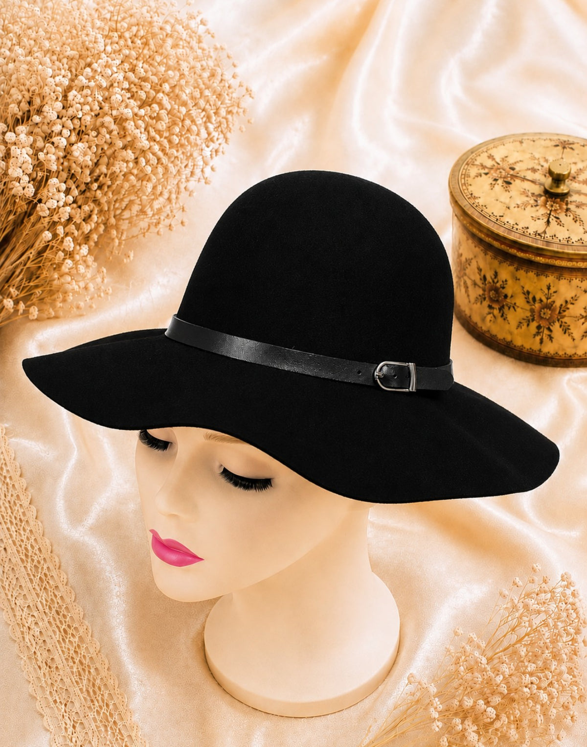 Chapeau femme noir larges bords élégant et intemporel 100% laine