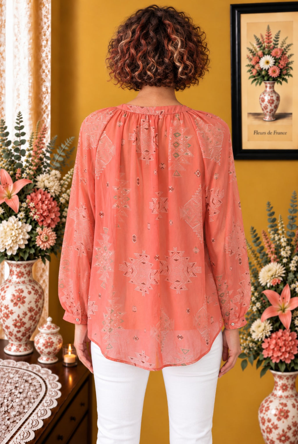 Blouse femme Camaïeu corail imprimé graphique taille 38