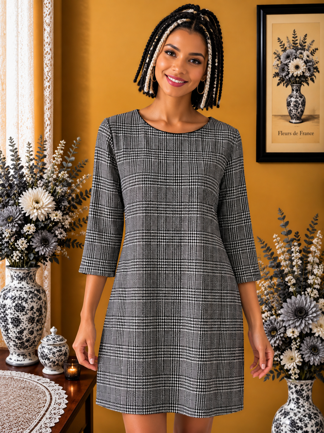 Robe  Promod chaude motif Prince de Galles gris blanc noir taille 38