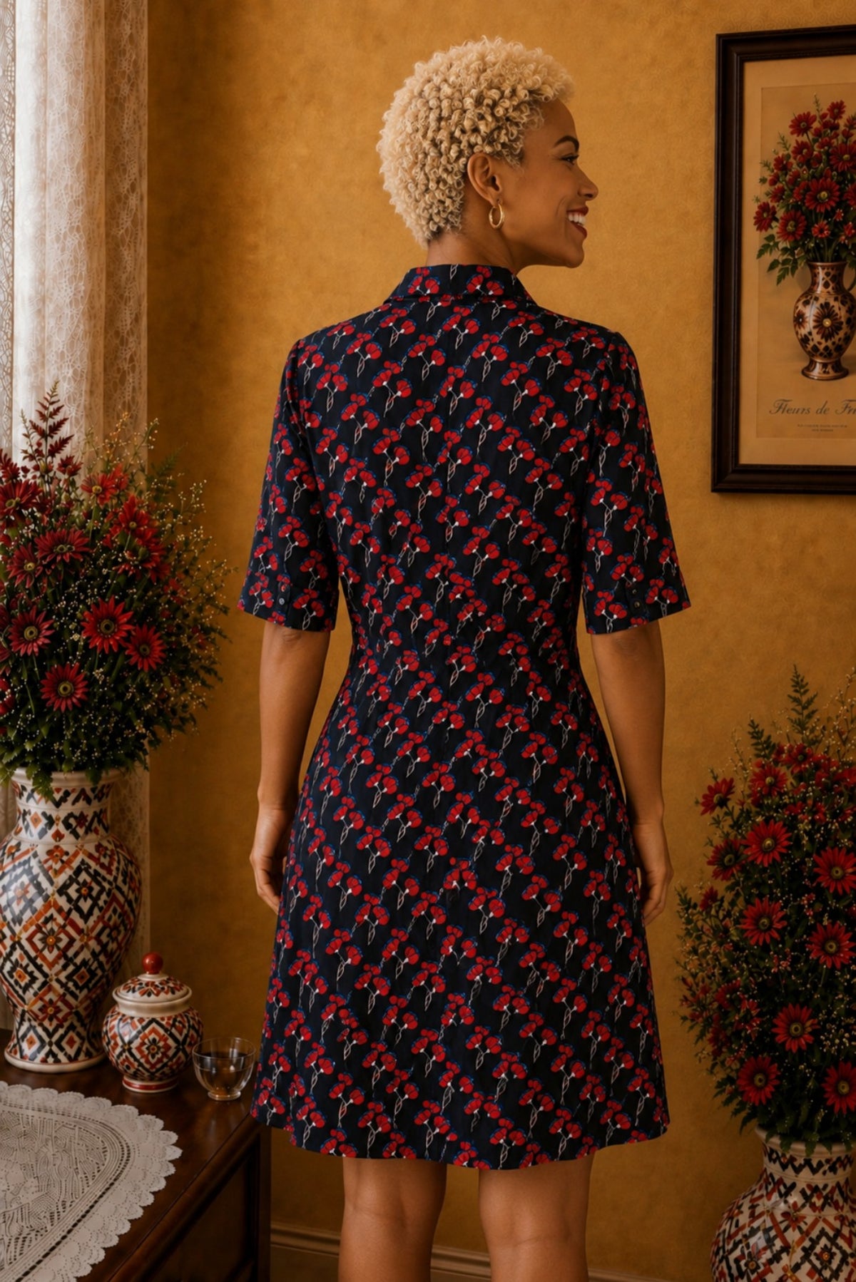 Robe chemise JCB noir imprimé floral rouge bleu taille 46