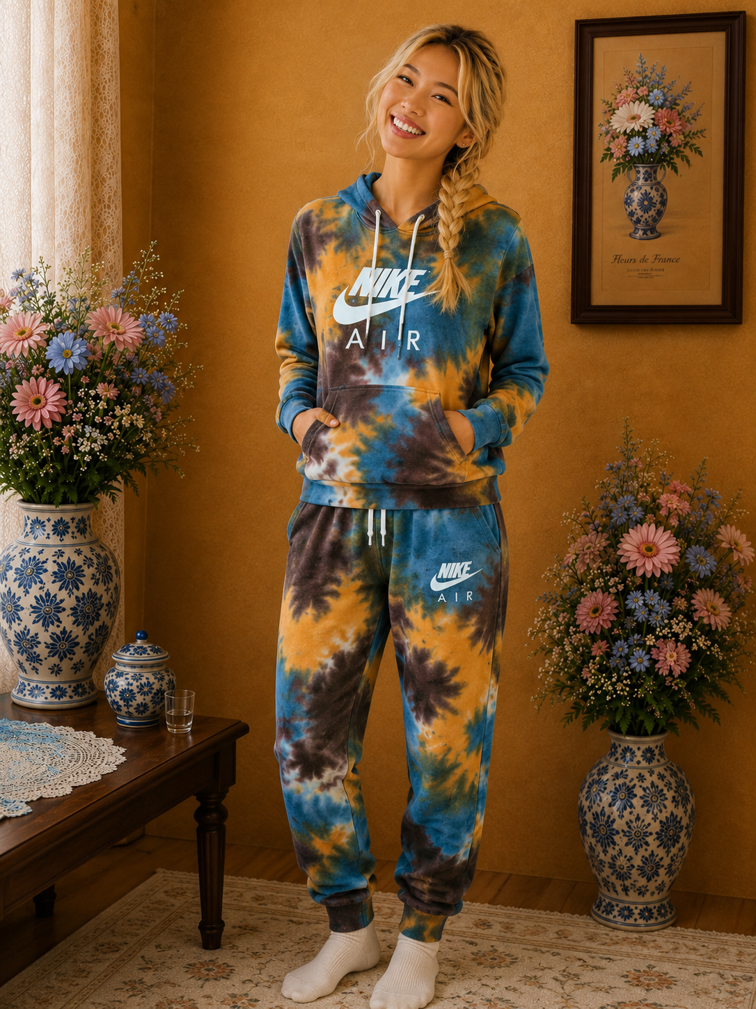 Ensemble jogging style tie & sur moutarde bleu marron taille 36