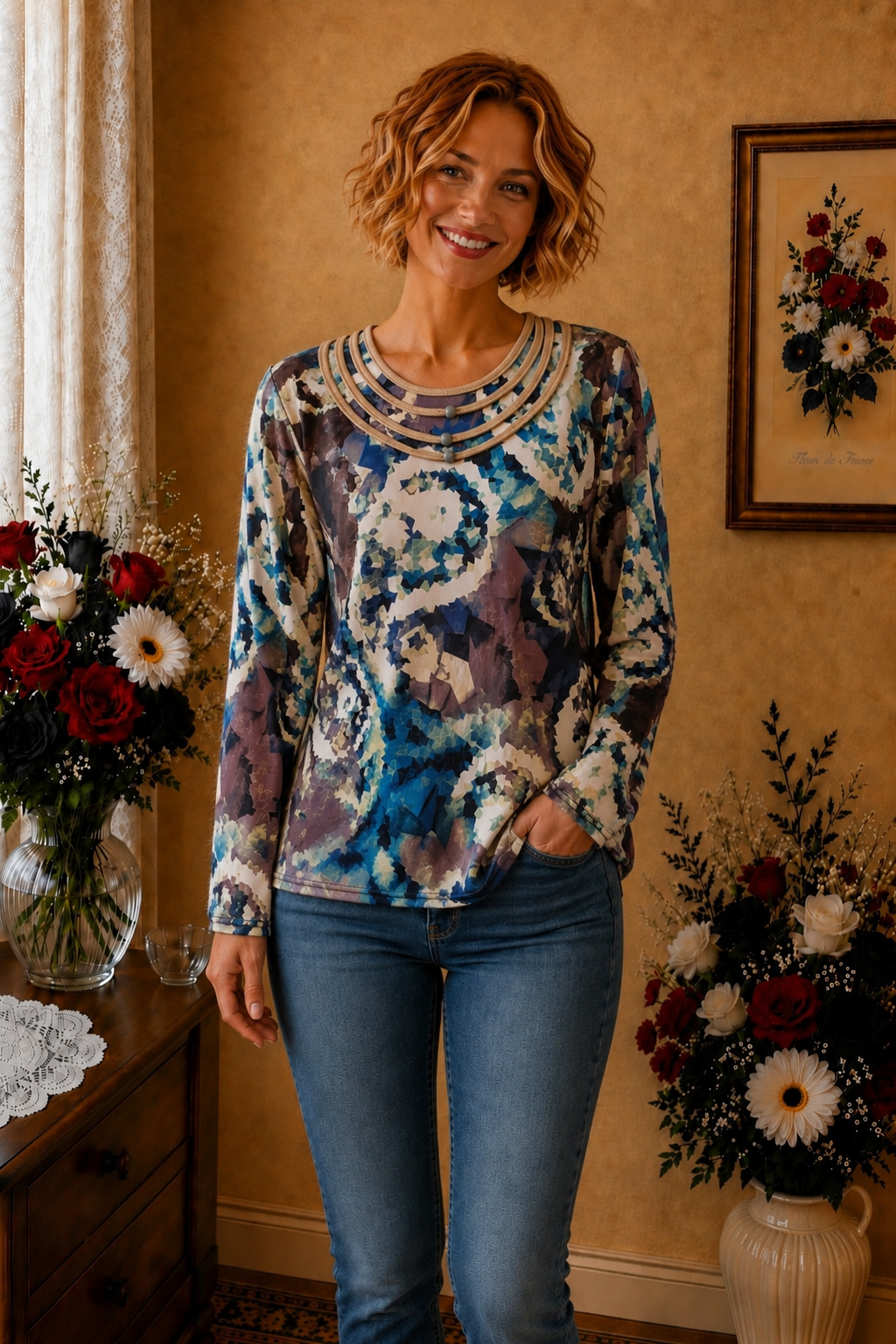 Haut crème bleu imprimés multicolore t42