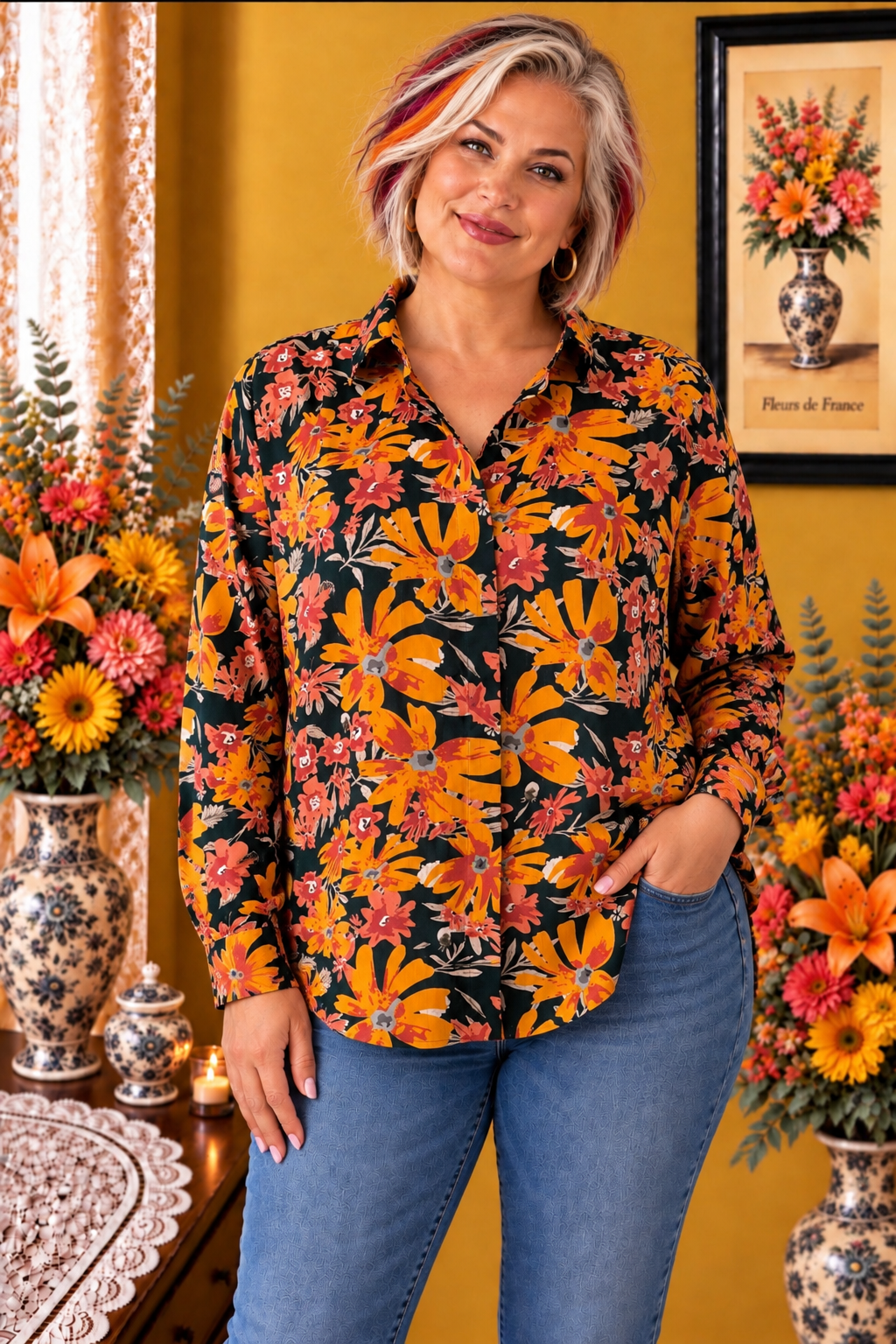 Chemise femme By One florale orange rose noir blanc taille 38/40