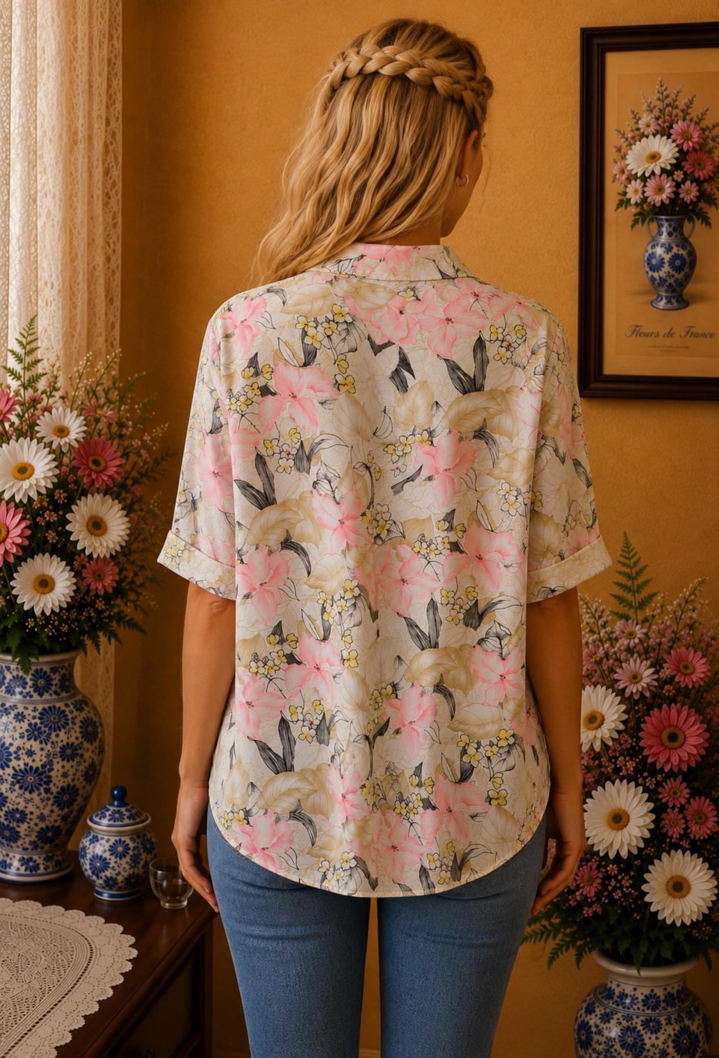 Chemisette femme C&A imprimé floral pastel manches courtes taille 48