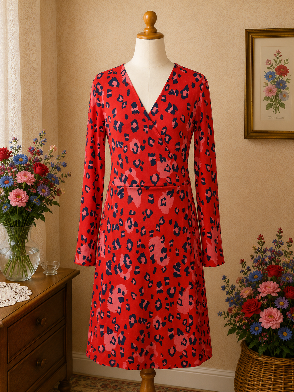 Robe longue fluide rouge & bleu – bohème chic vintage