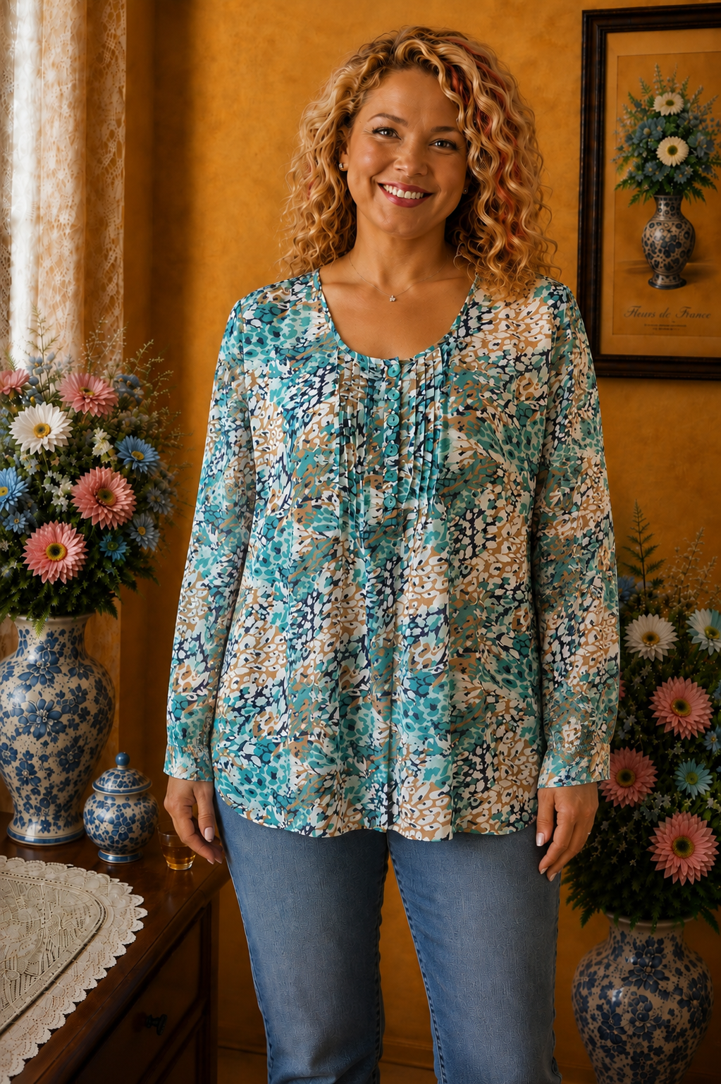 Blouse femme Damart imprimé bleu fleurie multicolore taille 50
