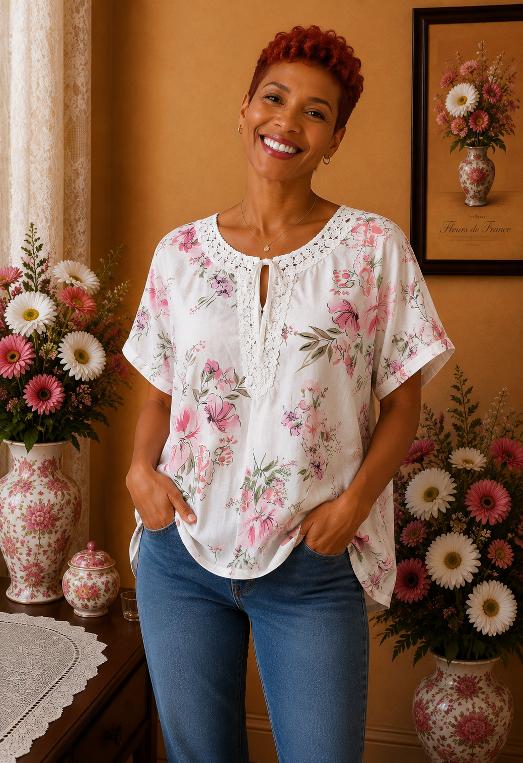 Blouse femme blanche à fleurs roses col dentelle taille 42