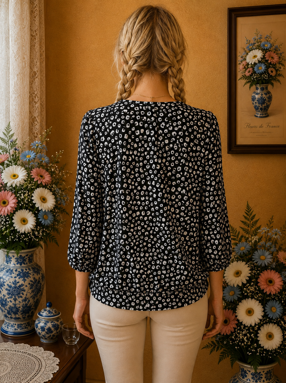 Blouse femme noire blanche col Claudine dentelle taille 40 neuve 💕