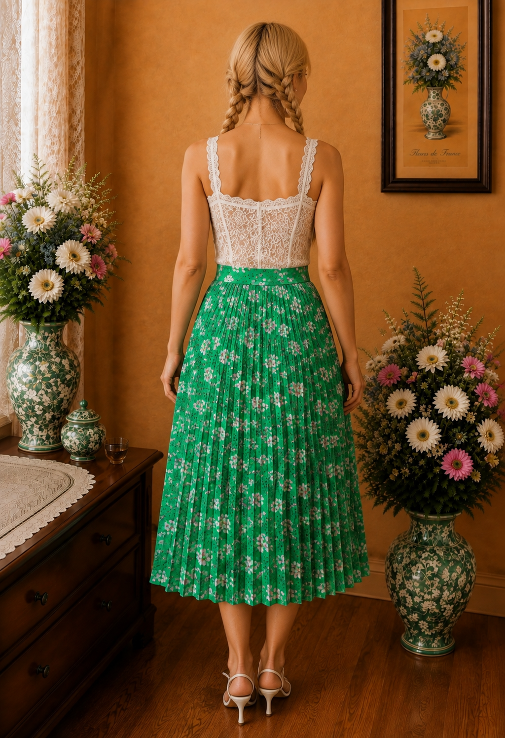 Jupe longue plissée Never Fully Dressed verte fleurie rose blanc taille 34