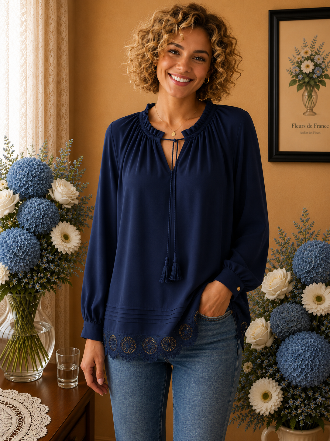 Blouse Exquiss Paris Bleu Marine, Dentelle & Col Froncé t38