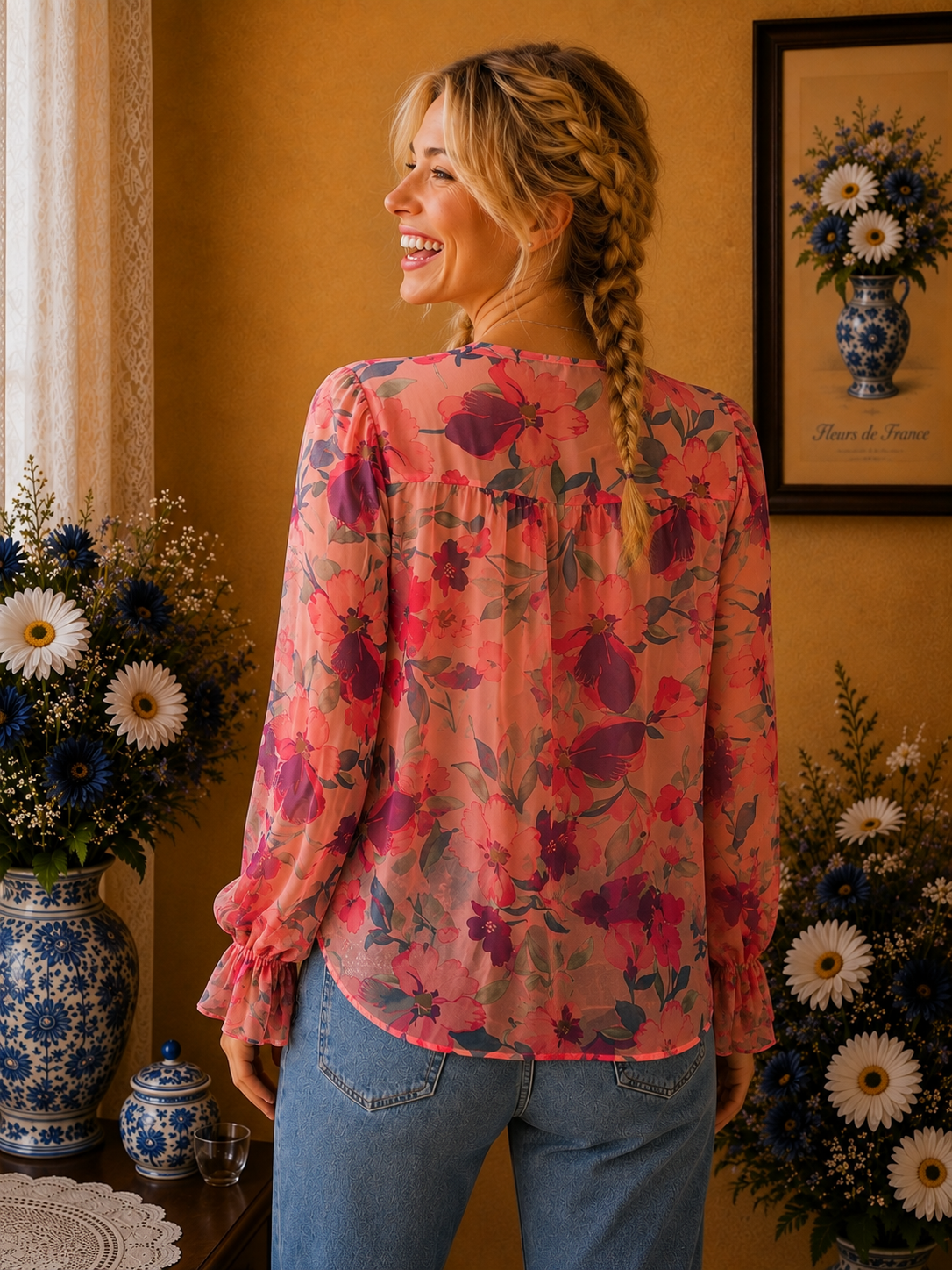 Blouse fleurie fond rose poudré fushia bordeaux vert taille XL