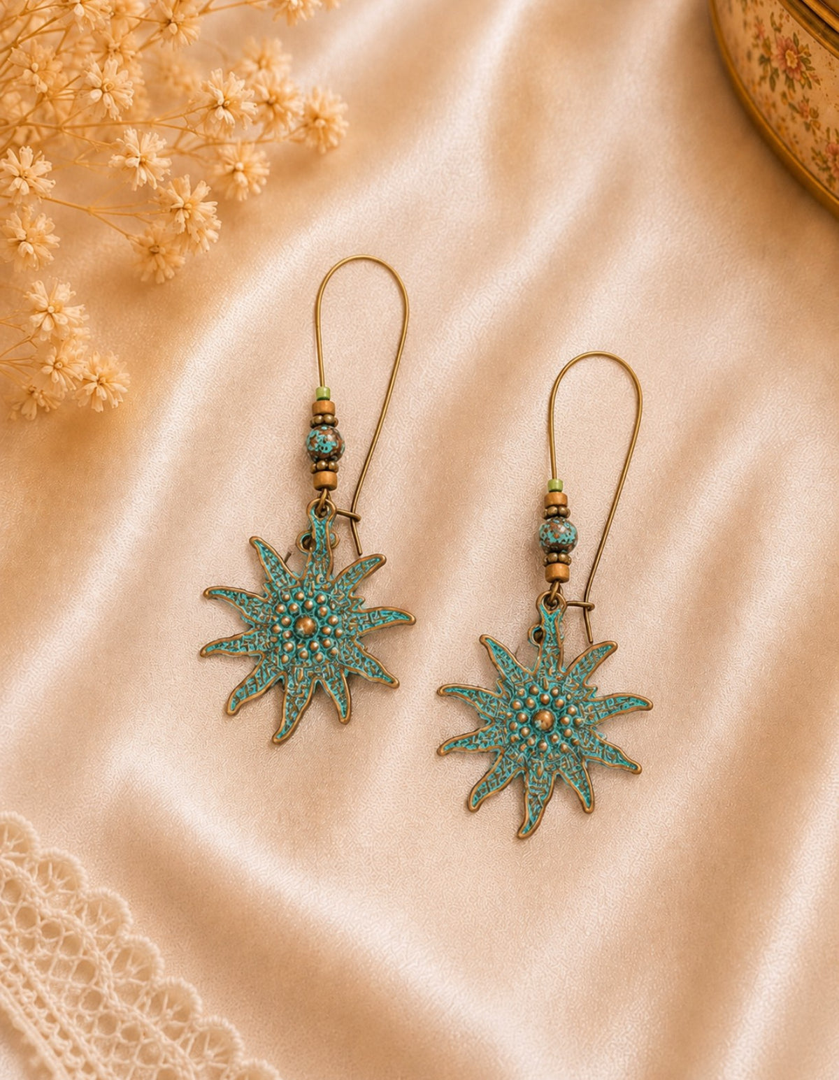 Boucles d’oreilles pendantes soleil Cuivre & turquoise