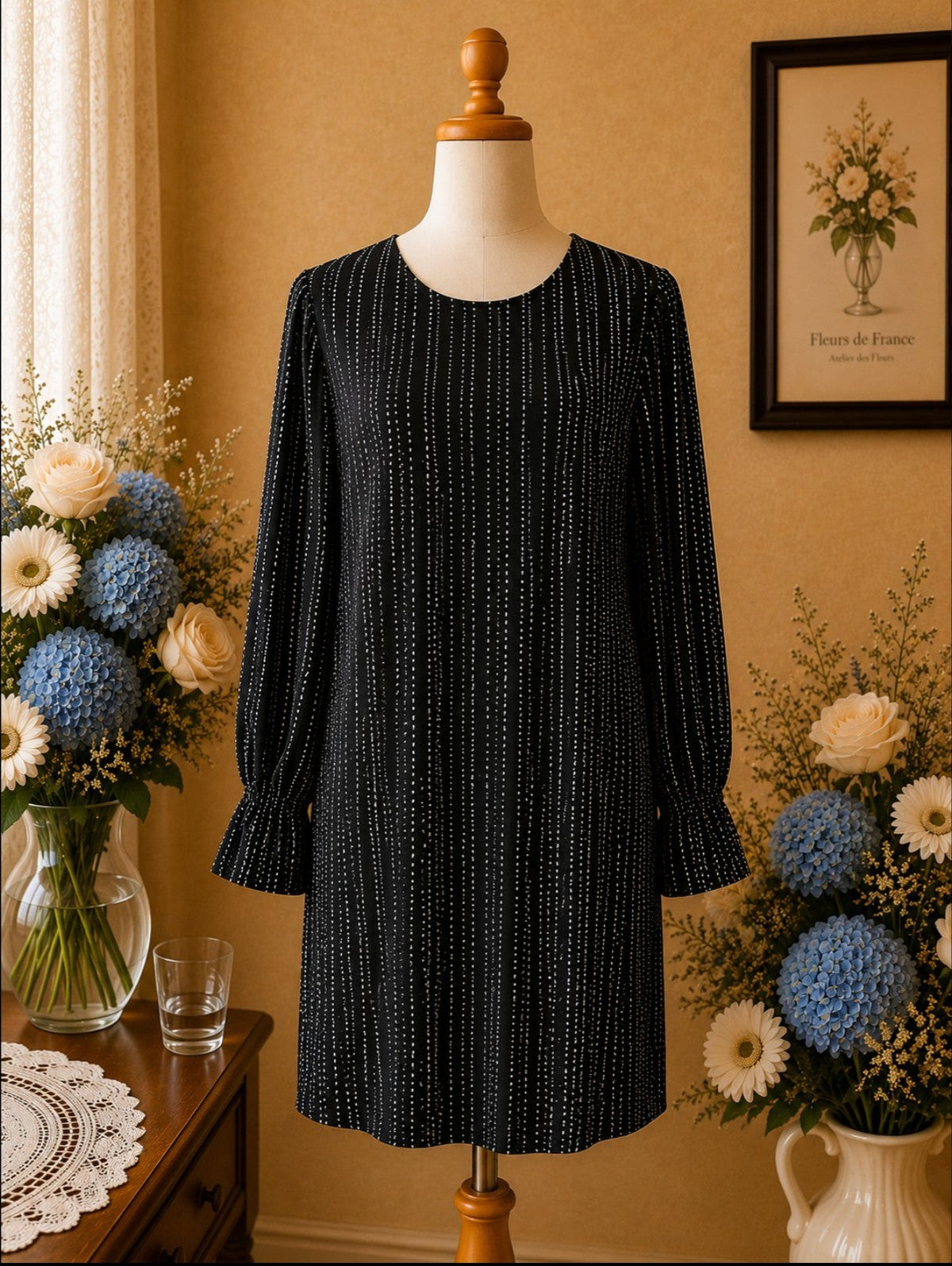 Robe H&M Noire Imprimé Blanc, Manches Longues & Détail Dos t42