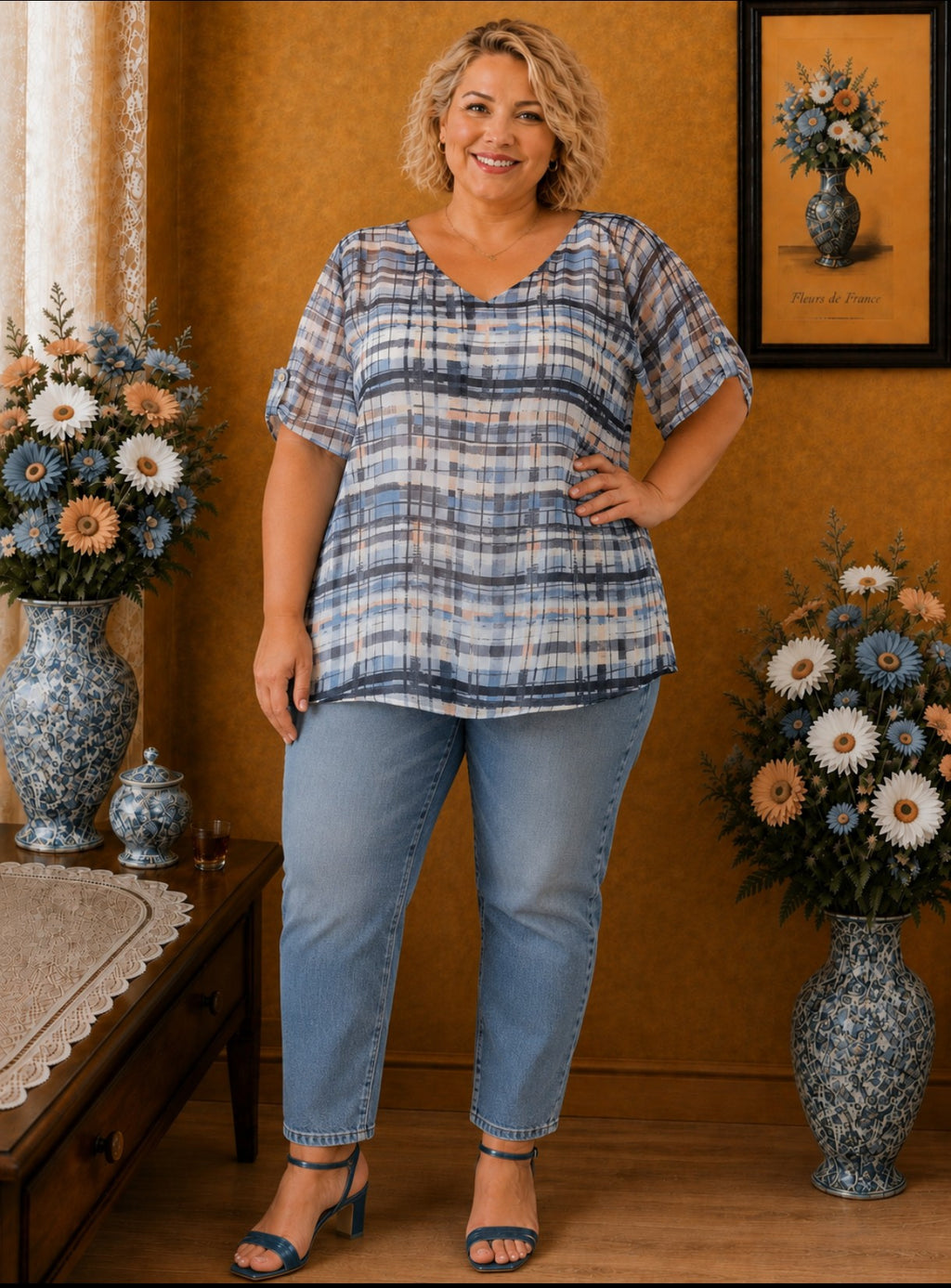Blouse tunique M&Mode imprimée Effet voile transparent taille 52