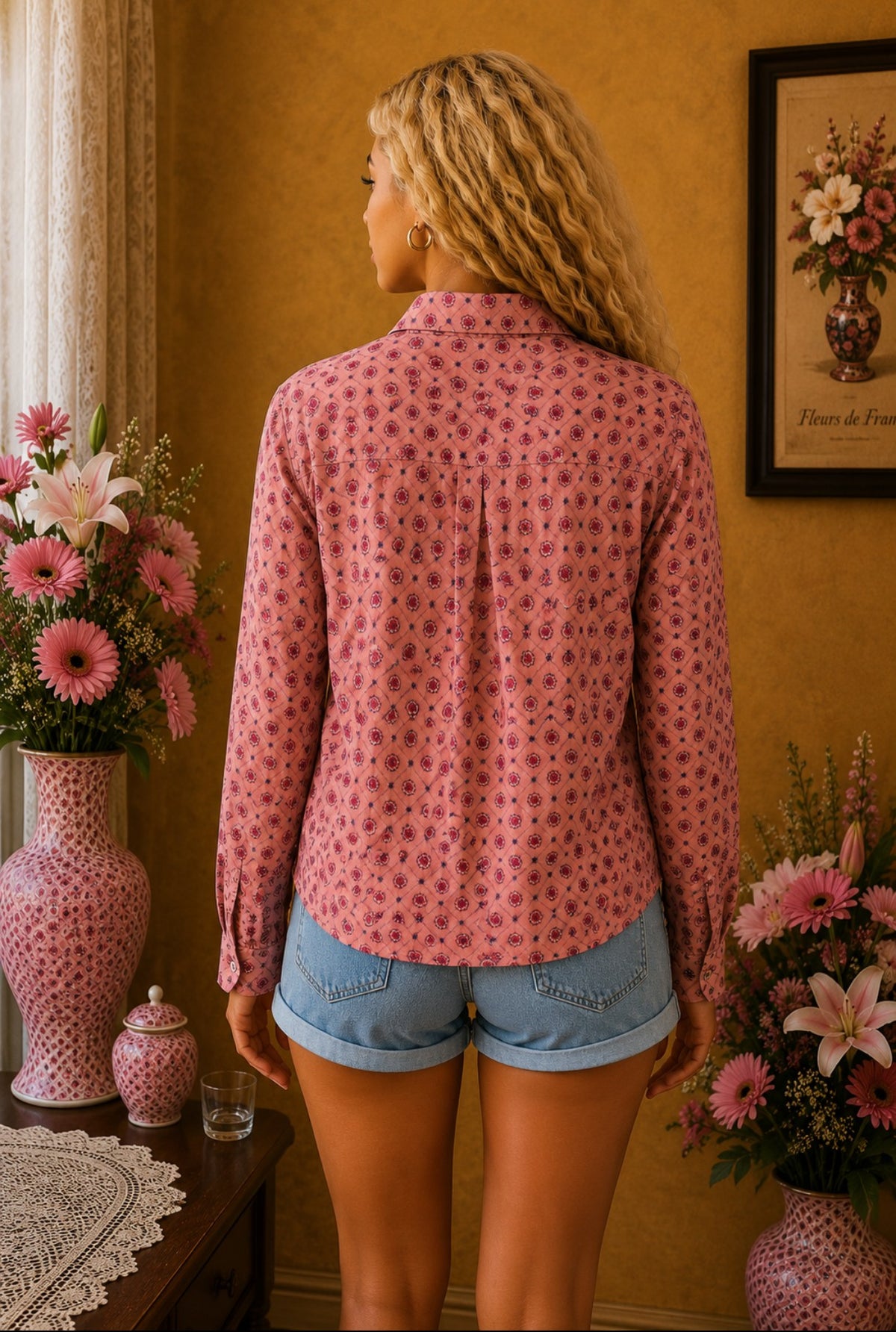 Chemisier femme Anna Karel rose poudré fleuri géométrique taille 38