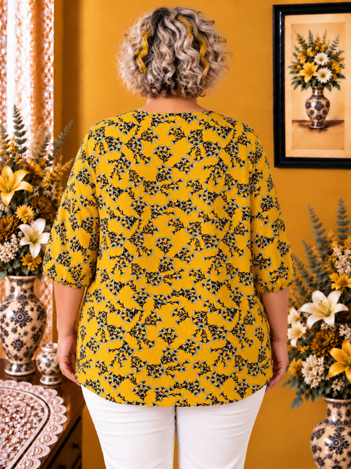 Blouse femme Damart jaune imprimé floral noir blanc taille 52