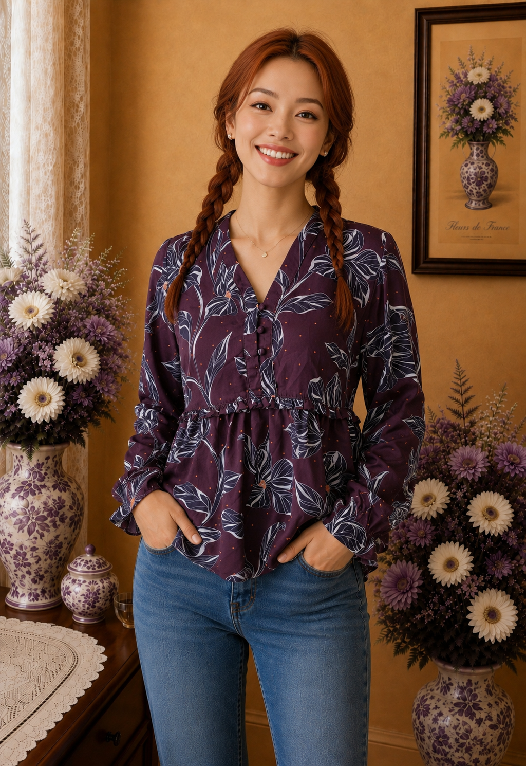 Blouse femme Camaïeu bordeaux fleuri taille 36/38