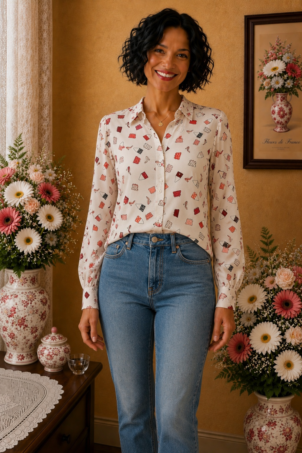 Chemise Caroll blanc imprimés multicolore 100% coton taille 40