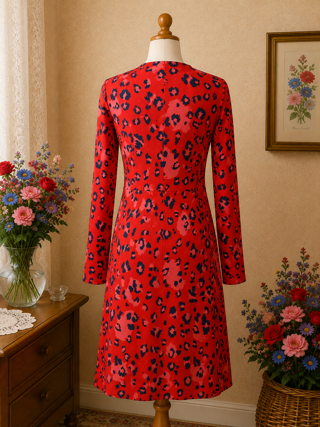 Robe longue fluide rouge & bleu – bohème chic vintage