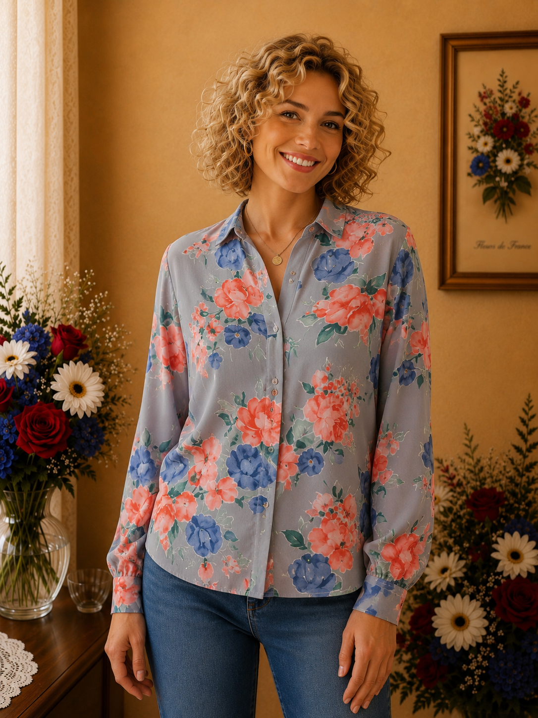 Chemise Camaïeu florale gris rose multicolore taille 42