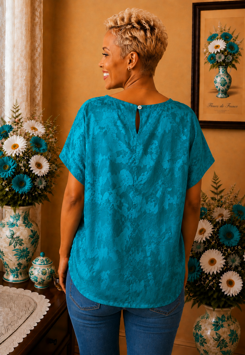 Blouse femme bleu turquoise effet satiné imprimé feuillage taille 48
